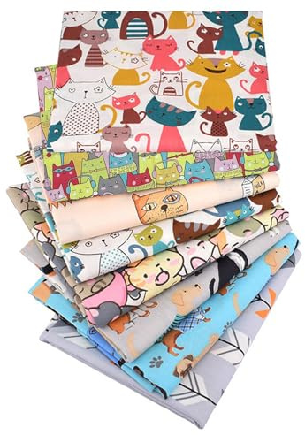 EXGOING Cotton Fat Quarters Fabric Bundles, 8PCS, 50x50cm Cartoon Cat | 50x50cm (20x20), High-Density Material, For Sewing, Quilting & Patchwork, For DIY