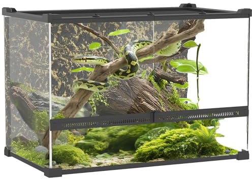 PawHut Terrario per rettili, terrario in vetro, 48 l, contenitore di alimentazione rettile, con ventilazione frontale, pannello posteriore in pietra, chiusura a vite, contenitore per anfibi, colore