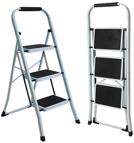 UABA Escalera Plegable, 3 Peldaños, Blanca, Asa Cómoda, Compacta, EN 131