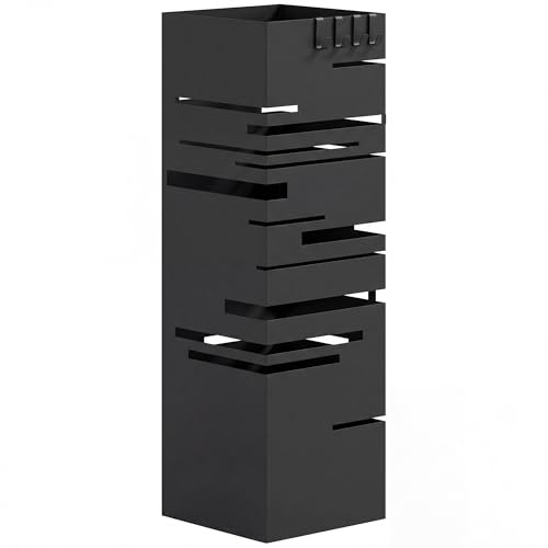 HOMCOM Paragüero Metálico, Soporte de Paraguas con 4 Ganchos y Bandeja de Goteo Extraíble, Paragüero Negro para Entrada, Oficina, 15,5x15,5x49 cm