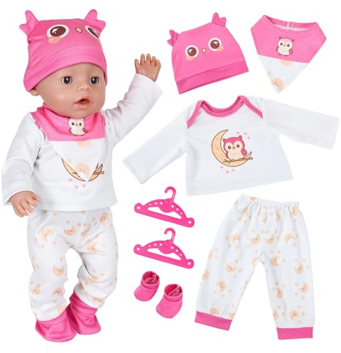 5 Pcs Baby Doll Clothes for 14-17 Inch Doll, Pink Owl Doll Clothes with 1 bib, 1 shirt, 1 pair of trousers, 2 clothes hangers, 1 pair of socks, Sweet Doll Clothes, Gift for girl (Not Include Doll)