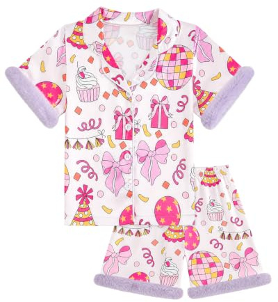 JiAmy Flickpyjamas i 2 delar, kortärmad knappslå sommar nattkläder 1–6 år