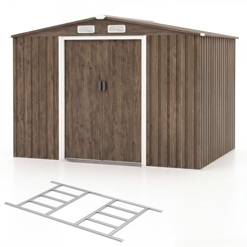 COSTWAY Abri de Jardin 5㎡ en Acier Galvanisé en Aspect Bois avec Fondation | Cabane de Jardin Exterieur 7m³, Porte Coulissante, Rampe, 4 Trous d'Aération, 4 Gants Inclus