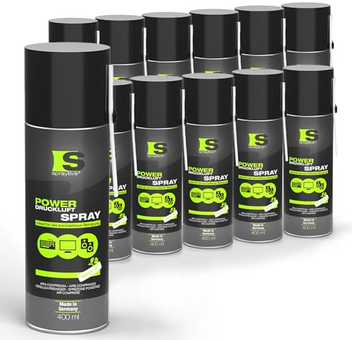 12 x 400ml Spraytive Power Druckluftspray/Druckluftreiniger: Mit 10cm + 50cm Sprühverlängerung - Druckluft aus der Dose Air Duster - Reinigung von Tastatur, PC/Computer, PS5, Kamera - Made in Germany!