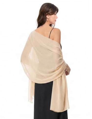 Baoqiya Women's Shawls and Wraps for Evening Dress Chiffon Shawl Soft Elegant Silky Pashmina Wedding Bridal Scarf (Champagne, Length(79) * Width(19))