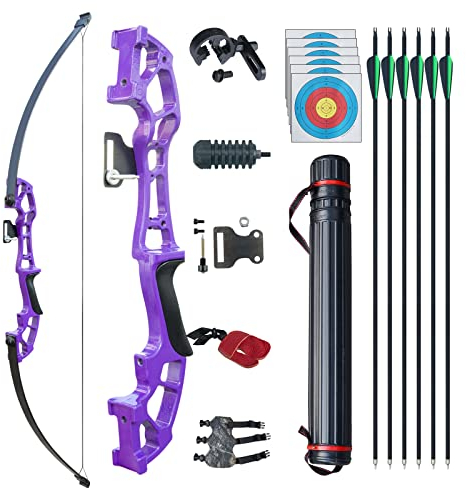 D&Q Pfeil und Bogen Set Bogenschießen für Erwachsene Recurve Bogen rechte Hand 50 Zoll 30 Pfund 40 Pfund mit 6 Stück Gemischter Carbonpfeil Zielübungswettbewerb (Lila, 30 Pfund)
