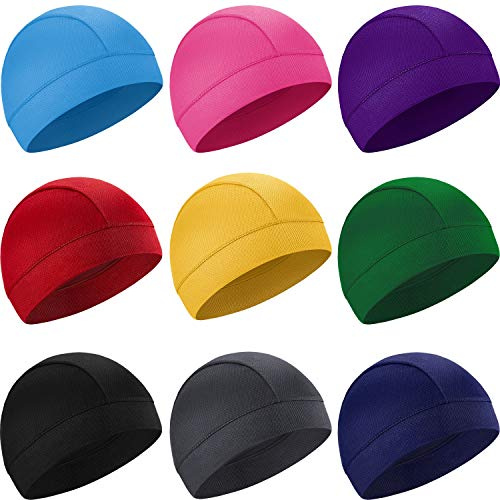 SATINIOR 9 Pieces Cooling Skull Caps Helmet Liner Sweat Beanie Cap Wicking Cycling Running Hat for Men and Women Sports(Chic Colors)