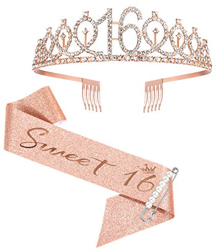 16. Geburtstagsschärpe und Tiara, Sweet Sixteen Geburtstagsschärpe Krone 16 & Fabulous Schärpe und Tiara für Mädchen, 16. Geburtstagsgeschenke für alles Gute zum 16. Geburtstagsgeschenk