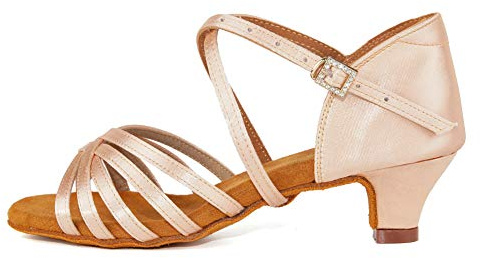 TINRYMX Chaussures de Danse Latine Fille Bout Ouvert Soie Confortables Standard Salsa Chacha Sandales Chaussure a Talon,ZZXGG-rose-4CM,32EU