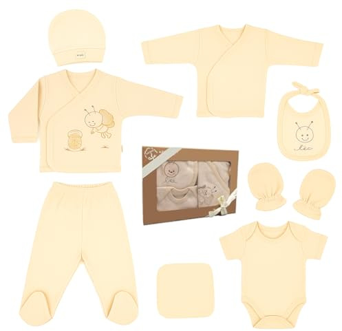 Huanger Ipeksi Baby nyfödda babyset 100 % naturlig bomull första utrustning första utrustning utrustning unisex kläder presentset babyutrustning med 8 delar för spädbarn 0–4 månader, Uppsättning av 8,