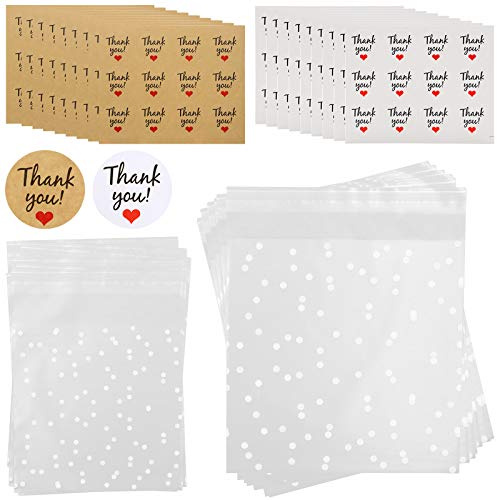 200PCS Self Adhesive Cookie Bags Cellophane Treat Bags, White Polka Dot OPP Clear Plastic Bags with 216PCS White & Kraft Paper DIY Stickers, Small Cello Bags for Sweets Biscuits Cookies Jewelry