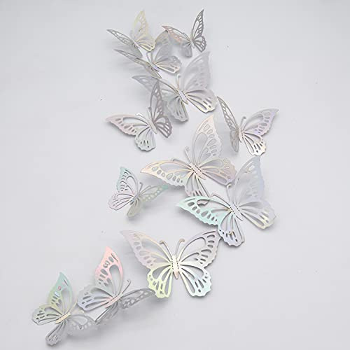 24 pcs 3D Papillon Stickers Muraux, CAYUDEN Autocollants Combinaison 3D Papillon Stickers Combinés Décoration Maison DIY Amovibles Papier Décora pour Maison, Salon, Chambre, Décor Fête(Argent)