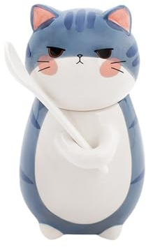 Xfeyaqlo - Taza de gato con cuchara y tapa, taza de café, taza linda, se puede decorar con una taza 3d muy linda, para café, leche, bebidas, gachas, cerámica, 300 ml, azul