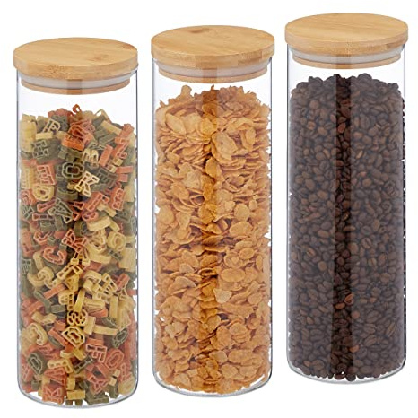 Relaxdays Förvaringsburkar med bambulock, set om 3, runda förvaringsburkar av glas, 1 600 ml, lufttäta, transparent/natur, 28 x 10 cm