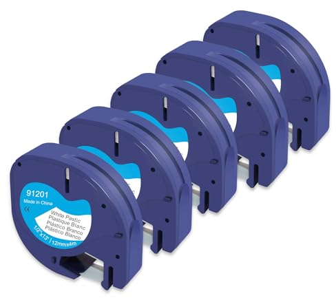Molabel 5er-Pack kompatible Dymo LetraTag Etikettenbänder – 12 mm x 4 m, Schwarz auf Weiß, Kunststoff. Passend für LetraTag LT-100H, LT-100T, XR, XM, 200B. Entspricht Modell 91221.