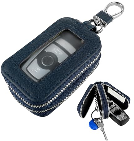 Andibro Custodia per chiave auto in vera pelle, universale, a doppio strato, con portachiavi e moschettone, accessori per auto, Blu, Taglia unica