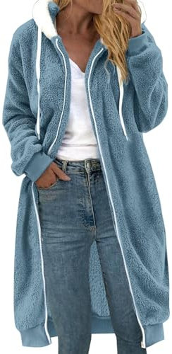Fleecejacke Damen Lang Große Größen, Dicke Gefüttert Teddyfleece Jacke mit Kapuze Teddyjacke Flauschig Plüschjacke mit Reißverschluss und Taschen Kuscheljacke Frauen Winterjacke Cardigan Outwear