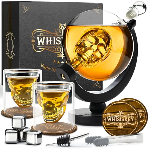 WHISISKEY Decantador de Whisky - Jarra de Whisky - Decantador 900ml - Set de Regalo de Whisky - Regalos Originales para Hombres - 2 Vasos de Whiskey x 125ML, 4 Piedras de Whisky, Accesorios