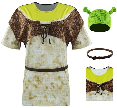 AYYOHON Costume de Troll Vert pour Hommes et Femmes avec Chapeau à Oreilles - Déguisement Cosplay Halloween - T-Shirt Imprimé avec Gilet en Cuir - Robe de Fête Fantaisiste, Set 01., XXL