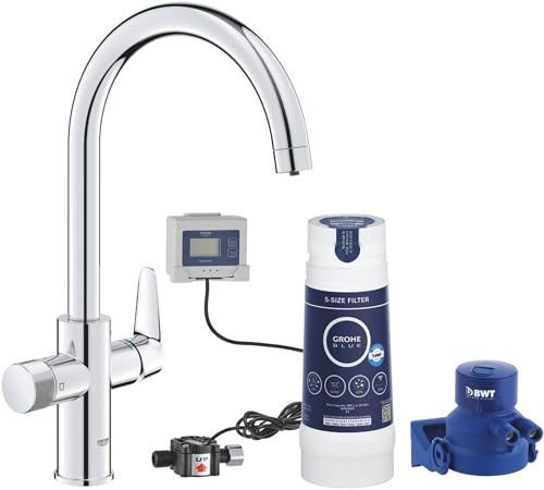 Grohe Blue Pure BauCurve Küchenarmatur mit 5 Phasen Filter Größe S und Zähler Chrom