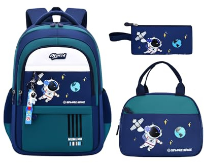 MITOWERMI 3pcs Boys Backpack with Lunch Box School Bags for Boys Lightweight Astronaut Kids Backpack Bookbags Sets for Elementary School Students, Green