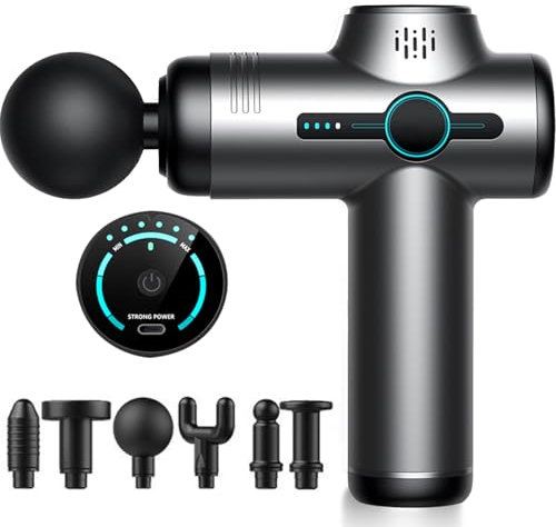Massagepistole, Massage Gun mit 6 Geschwindigkeiten & 6 Köpfen, mit LCD Touchscreen, Tiefengewebe Massagegerät für Rücken, Schultern, Beine (Grau)