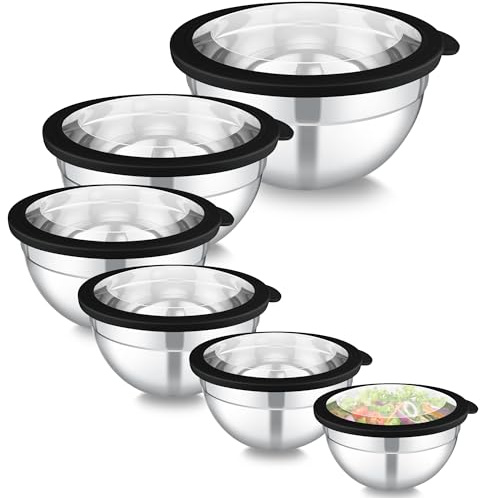 Homikit Rührschüssel 6er Set, Edelstahl Schüssel Salatschüssel mit Transparenter Deckel zum Servieren Kochen Backen, Schüsselset 4,5L/2,8L/2,5L/1,6L/1,2L/0,7L, Stapelbar & Spülmaschinenfest, Schwarz