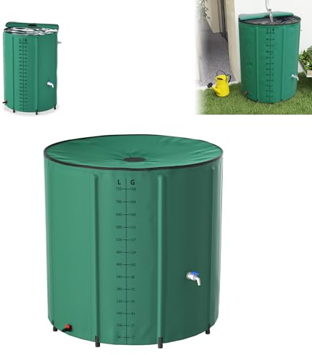 LZQ Regnvattenbehållare Vikbar med skala, 750L regnvattenbehållare av matt PVC-duk, bärbar vattentank med avlopp, tunna med lock, isbadningstunna, regnvattenbehållare IBC-tanktillbehör för trädgård
