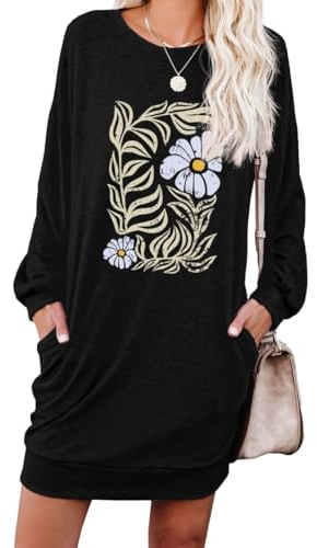 PrinStory - Abito da donna in pullover, abito casual con scollo rotondo, in felpa con tasche, M