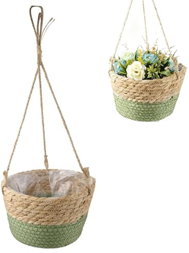 LZYKJGS Cestino di Piante Sospeso, Cesto per Piante in Corda, Fioriera Sospesa da Appendere, Vaso da Fiori Sospeso, per Piante da Appendere per Indoor e Outdoor (Verde)