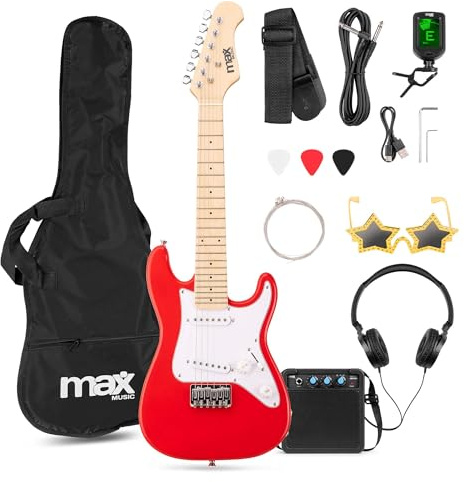 MAX GigKit Junior 1/4 – Guitarra eléctrica infantil con amplificador, funda, afinador, púas y accesorios – kit guitarra y amplificador ideal para niños y niñas de 3 a 7 años – color rojo