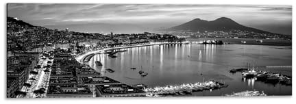 Panorama golfo di Napoli bianco e nero - Quadro Stampa su Tela con Telaio in legno - 120x40 cm