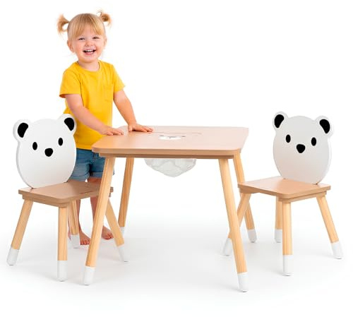 mamabrum Barnbord med förvaring och 2 björnstolar – 67 x 67 cm träset – lek- och inlärningsmöbler för barn från 3 år – naturlig design för pojkar och flickor