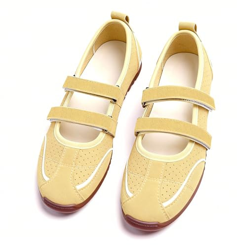 Mary Jane Ballet Sneakers for Women Fashion Retro Casual Sneakers cute Tennis Shoes with Elastic Strap Non Slip Lightweight Comfortable Women's Ballet Flats for Dress Jeans Skirts (Yellow, 7)