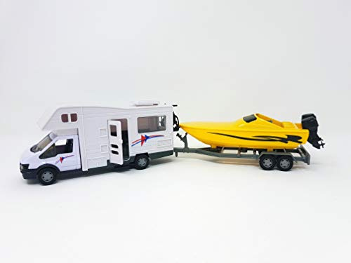 PLAYJOCS GT-6250 Camping Car Motorhome avec Le Bateau en remorque, 35cm - Véhicule Voiture Auto de Jeu Miniature modèle À L'Échelle (4937)