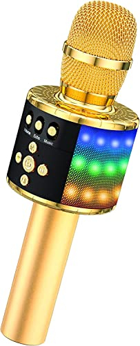 Micrófono Inalámbrico de Karaoke Bluetooth BONAOK con Luces LED Controlables, Máquina Portátil de Karaoke, Altavoz, Regalo de Cumpleaños, Juguete de Viaje iPhone Android/PC (Dorado Claro)