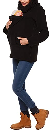 amropi Tragejacke für Mama und Baby 3 in 1 Damen Langarm Kapuze Känguru Umstandsjacke Warm Tragepullover mit Babyeinsatz Schwarz,L