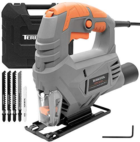 Terratek Electric Jigsaw 550W 3000SPM, 5 Speed Jigsaw Tool, Jigsaw Cutting 65mm Wood, 8mm Metal, Max 45 Cutting Angle, 5 Blades with Jig Saw Carrying Case and Vacuum Adaptor