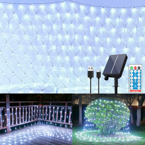11.5ft x 5ft Solar Net Lights Outdoor, Solar & USB 2 Power Way 240 LED Waterproof Mesh Lights for Bushes, Remote Control 8 Modes String Light Trees Patio Garden Christmas Indoor Decor (Cool White)