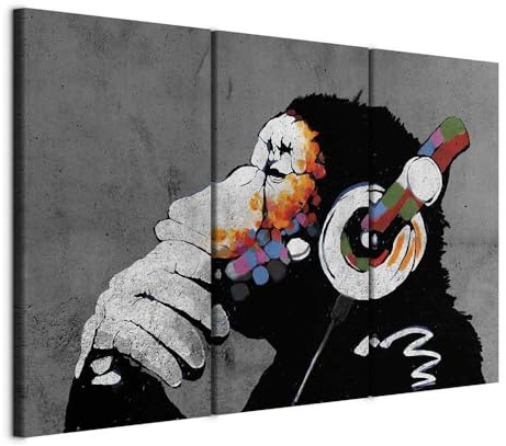artgeist Acoustic Canvas Wall Art DJ Monkey 53x35 in - 3pcs Picture with Acoustic Foam Sound Print Artwork Room Acoustics Soundproofing Banksy Animals Concrete Musik g-A-0288-b-e