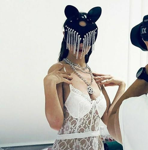 SINSEN Maschera da donna in pelle sexy a metà viso per cosplay, costume di scena per feste di Halloween, feste in maschera, martedì grasso e carnevale, accessori (catena di tasel nero)