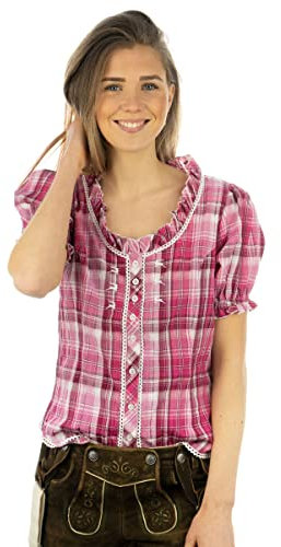 OS Trachten Damen Bluse Kurzarm Trachtenbluse mit Rundhalsausschnitt Smussu, Größe:48, Farbe:dunkelrot