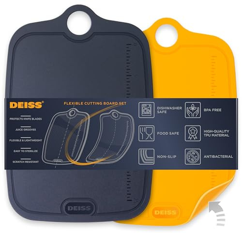 Deiss LUX Langlebige TPU Schneidebretter für die Küche, 2er Set, doppelseitiges rutschfestes Schneidebrett, integriertes Lineal, flexibles großes Schneidebrett, tiefe Saftrillen, spülmaschinenfest