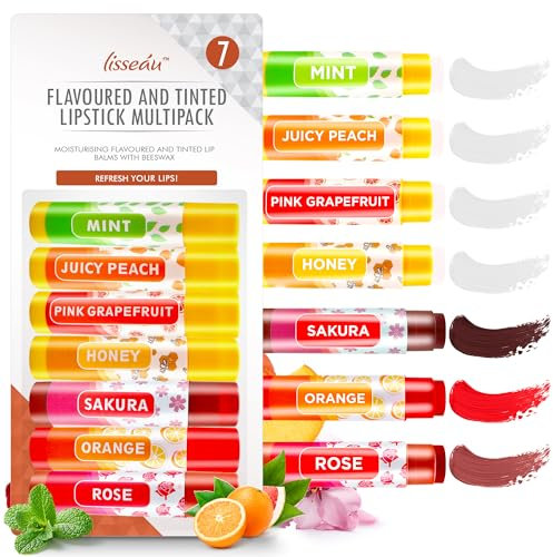 SOL 7pk Flavoured & Tinted Lip Balm Multipack with 4x Scented with No Colour & 3x Flavoured & Tinted in Sakura, Orange and Rose Lipstick Shades – Moisturising Lip Care for Soft, Hydrated Lips