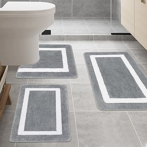 Famibay Alfombrillas de Baño Antideslizantes y Superabsorbentes de Agua, Juego de 3 Piezas, Lavables a Máquina, Microfibra Gris, 50 x 80 cm (Rectangular)