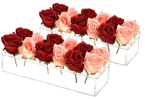 QUARKZMAN 2uds Acrílico Flores Jarrones, 12 Pulgadas Rectangular Floral Mesa Centro para Comedor Mesa, Acrílicos Flores Soportes para Bodas Fiesta Hogar Decoración, Transparente