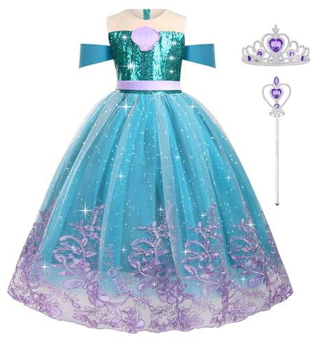 AOOWU Sjöjungfrudräkt för flickor, Sjöjungfruklänning med rosett med krona och trollstav, Sjöjungfruprinsessdräkt för flickor Halloween Cosplay Carnival (150CM)