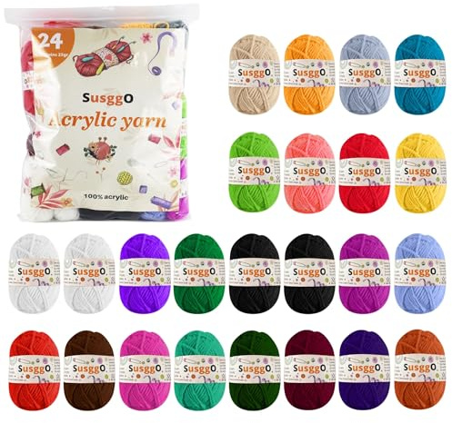 SusggO Pack 24 Ovillos Lanas para Crochet Ganchillo Lanas para Tejer Punto a mano DIY Madejas Hilo Acrílico para Tejer Ovillo Lana 25gr ±40m Colores surtidos