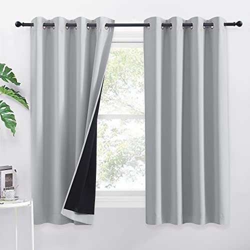 PONY DANCE Double Layer Thermal Eyelet Curtains, 52x54 Inch, Silver Grey | 100% Blackout Curtains with Black Lining for Bedroom & Living Room, Noise Reducing & Privacy Protection, 2 Panels