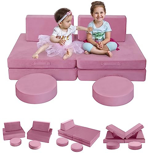 MeMoreCool Spielsofa für Kinder Kindersofa, Modulares Kindsessel Couch für Spielzimmer, 8-teiliges Kindercouch Kindersofa Ausklappbar Spielset, Kinder Sofa mit Schlaffunktion für Mädchen Jungen, Rosa